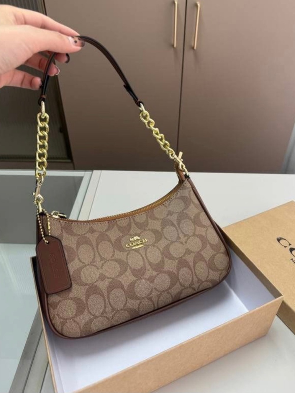 Coach Tan/Brown Signature Chain-Handle Shoulder Bag